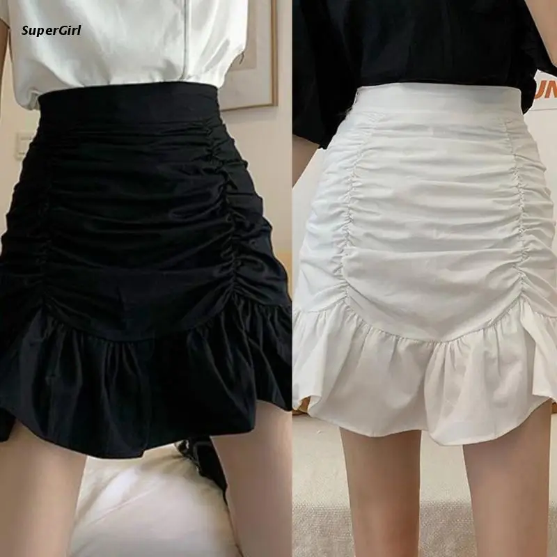 

J78E женская летняя мини-юбка с высокой талией, оборками на подоле, облегающая трапециевидная юбка в стиле Харадзюку, однотонная Сексуальная ...