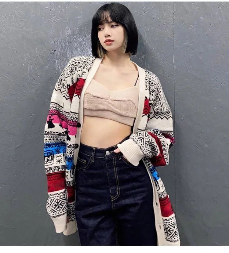 

High Quality Sweater Jacket Retro Ethnic Style Interesting Case Jacquard Color Matching V-neck Long-sleeved Knitted Cardigan