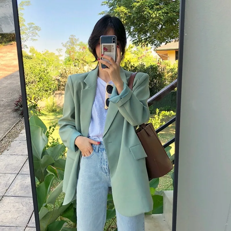 

Chic Loose Light Green Women Blazer Summer One Button Female Suit Jacket Full Sleeve Outwear blaser femme