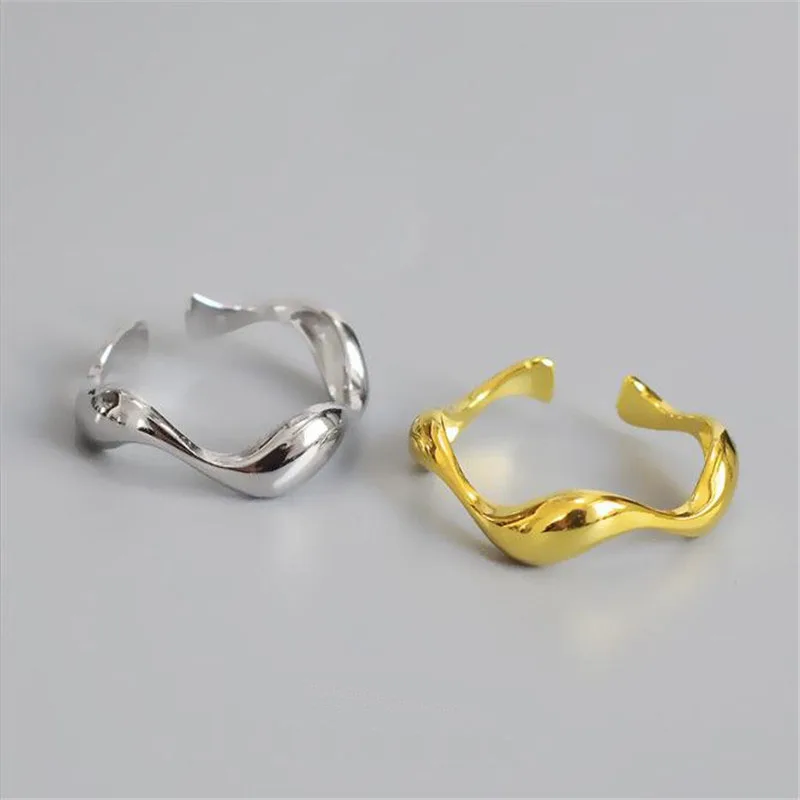 

POFUNUO Minimalist 925 Sterling Silver Rings Irregular Geometric Wave Bending Lovers Rings Women Stylish Chic Fine Jewelry Rings