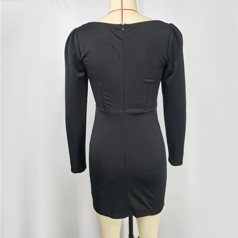 

Women New Sexy Solid Black Mini Dress Long Sleeve High Waist Short Dresses Side Splited Female Sexy V Neck Slim Bodycon Vestidos