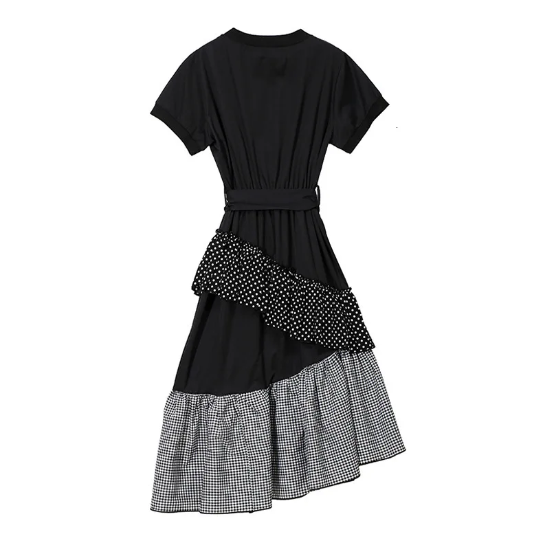 [EAM] New Spring Summer Round Neck Short Sleeve Hem Dot Irregular Plaid Printed Loose Dress Women Fashion Tide JT0880