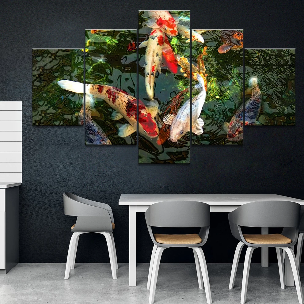 

Home Decor Printed Modern Canvas Living Room Frame HD Pictures 5 Panel Canvas Koi Landscape Modular Painting Wall Poster