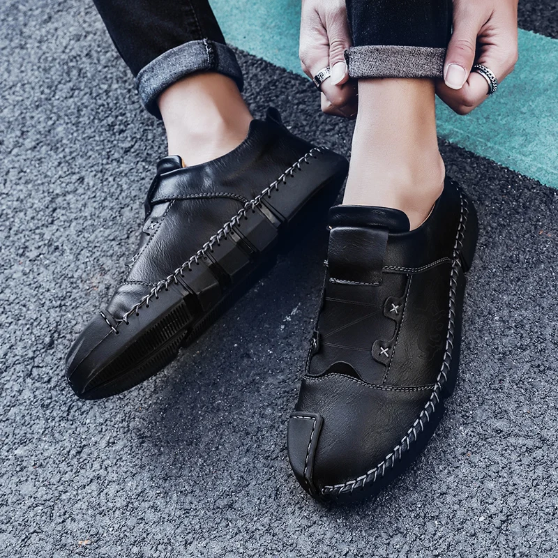 Мужская повседневная кожаная обувь лоферы из спилка на плоской подошве размеры