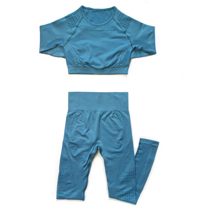 Blue set Бесшовный костюм для йоги 2 шт. спортивные рубашки укороченный топ бесшовные леггинсы спортивный комплект спортивные камуфляжные костюмы облегающие для тренировок брюки - Цвет: Blue set