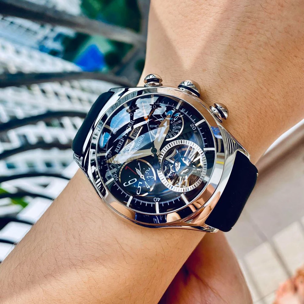 Мужские спортивные аналоговые часы Reef Tiger/RT светящиеся с турбийоном и календарем