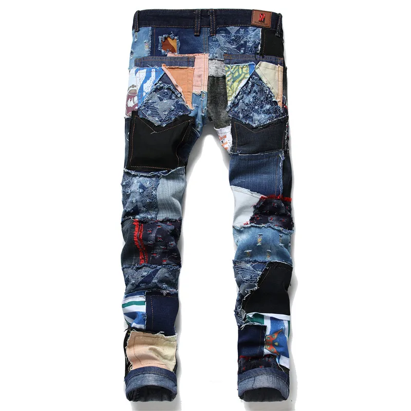 Men's Fashion Stitching Patch Design Patchwork Beggar Jeans Streetwear Buttons Fly Ripped Slim Personality Denim Pants