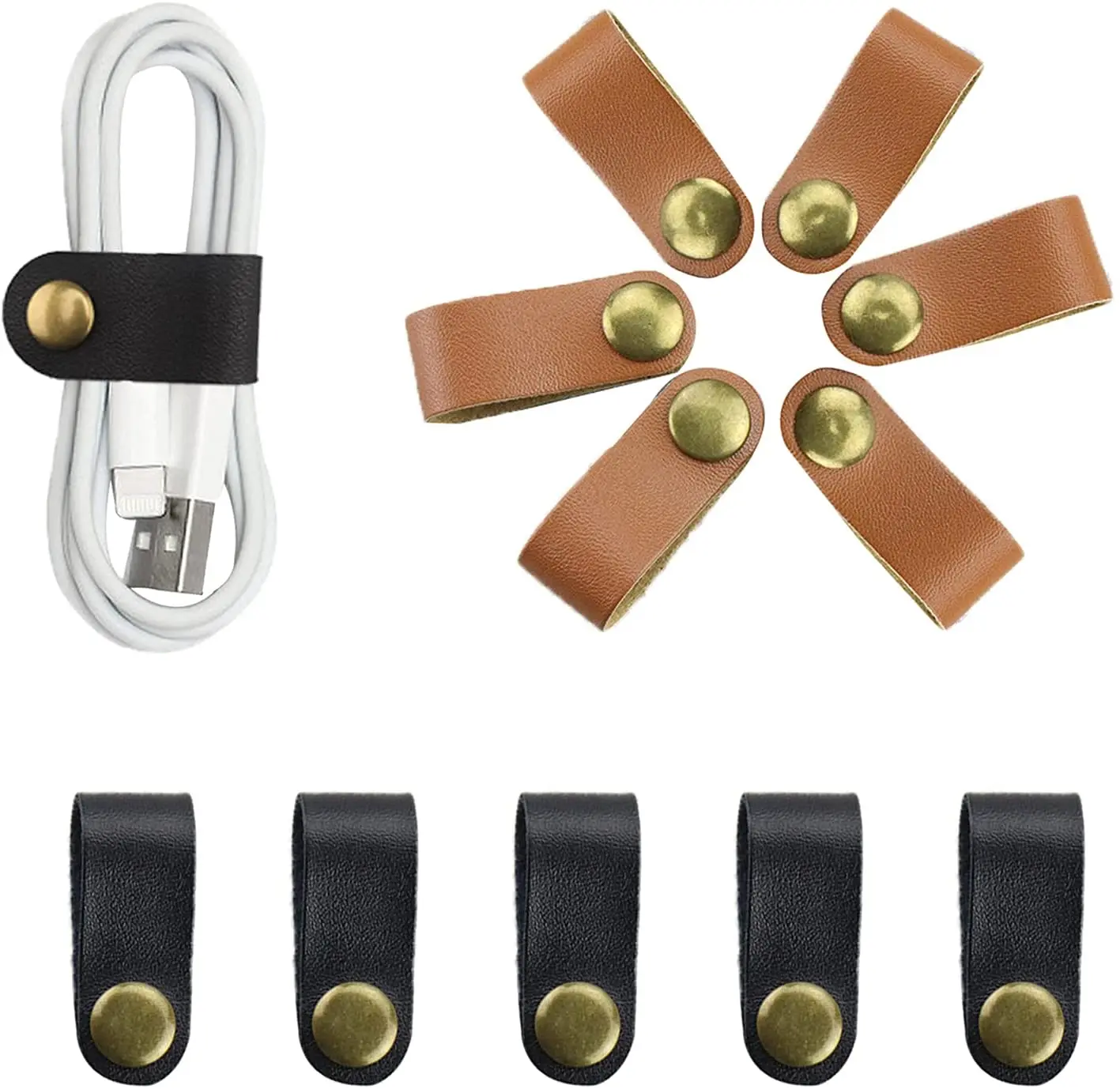 

5Pcs Reusable Leather Cable Straps Cable Earphone Cord Management Ties for Computer TV Electronics Brown and Black