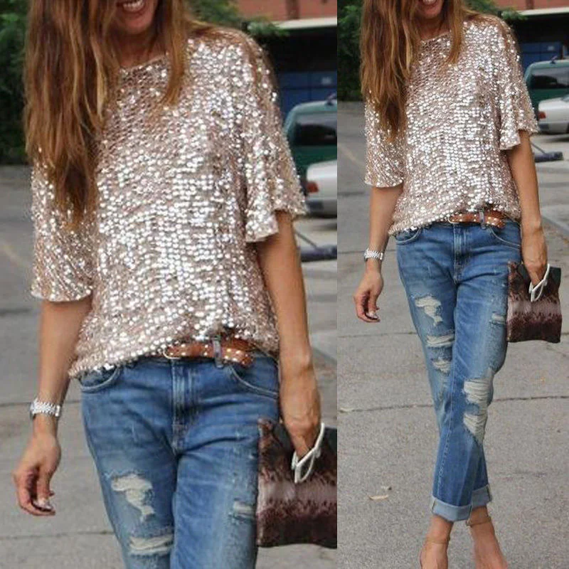 

Women Shining T-shirts Half Sleeves Round Neck Casual Pullover Loose Tops SER88