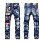 Прямые мужские джинсы-бойфренды с заплатками в виде значков, свободные уличные дизайнерские длинные джинсовые брюки свободного покроя