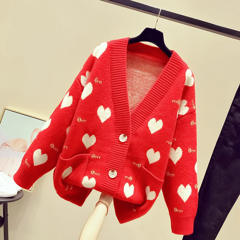 Women Casual winter Knit Jacket and Coats V neck Button Sweaters Sweet Heart Cardigans Loose Female |