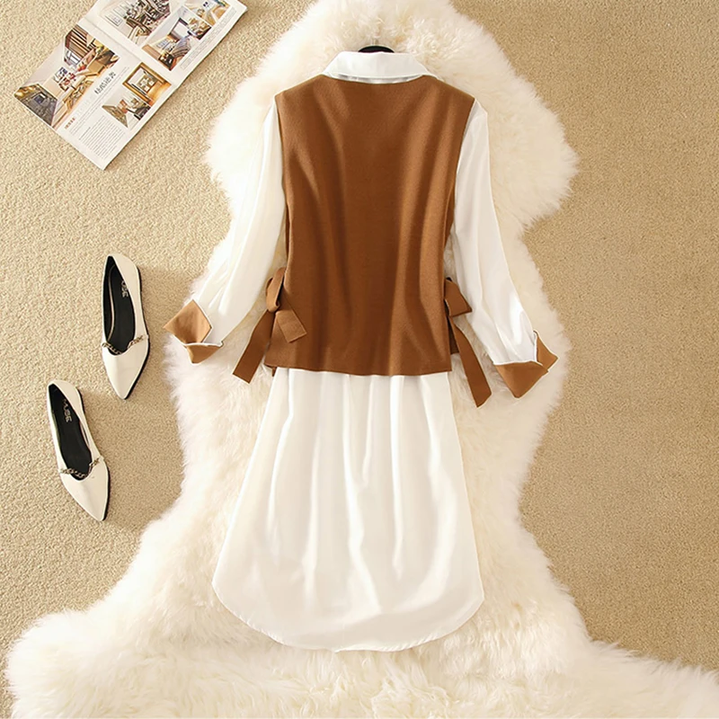 Осень зима 2020 новинка Корейская рубашка + жилет платье костюм женский маленький