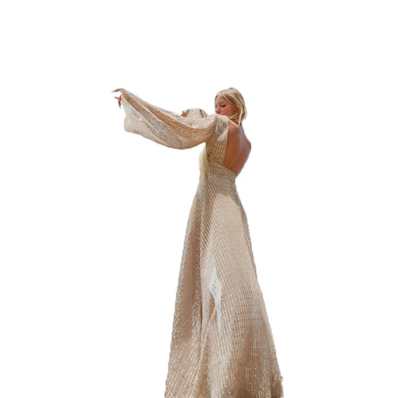 

Women's Dress Deep V-neck Flare Sleeve Bodycon Split Sequined Pink Backless Beach Floor Length dress robe sexy femme