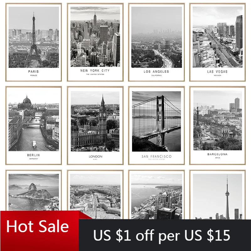 Черно белая Картина на холсте пейзаж города мира Париж Лондон Нью Йорк принты в