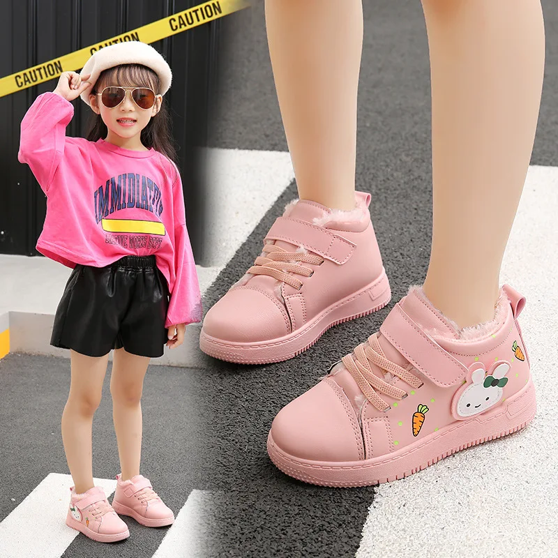 

New Winter Children Shoes School PU Tennis Shoes Lovely Plus Velvet Girls Princess Casual Shoes Boys Running Shoes Kids Sneakers