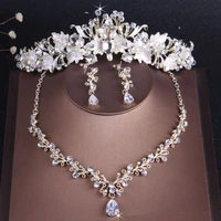 kmvexo vintage gold crystal leaf pearls costume jewelry sets rhinestone choker necklace earrings tiara crown wedding jewelry set