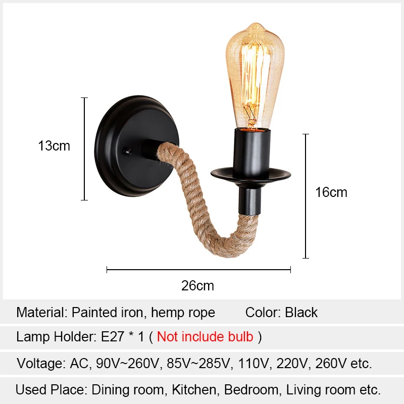 

Hemp Rope Vintage Wall Lamp Industrial Led Wall Lights Retro Wandlamp Vanity Light Wall Sconce Bedroom Lamp Lampara Pared E27