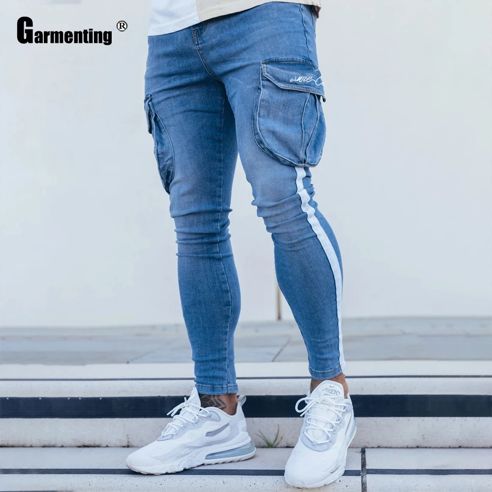 Plus Size 3xl Mens Jeans Striped Demin Pants Skinny Jeans Men Fashion 2021 Multi-pocket Pants Streetwear Sexy Male Denim Jeans