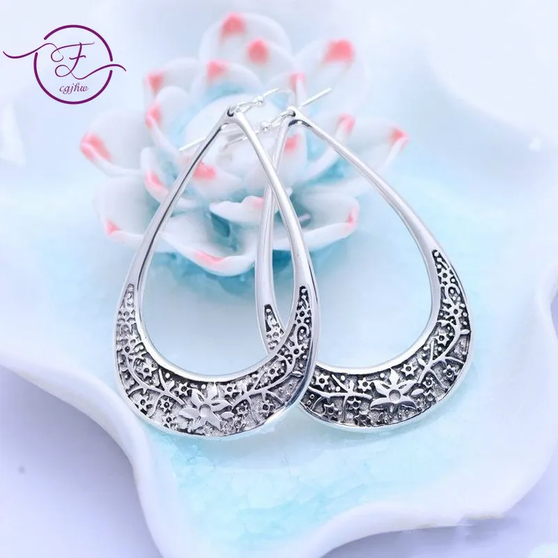 

925 Sterling Silver Drop Earrings Vintage Thai Silver Exaggerates Big Water Drops Ethnic Female Earrings Fine Jewelry