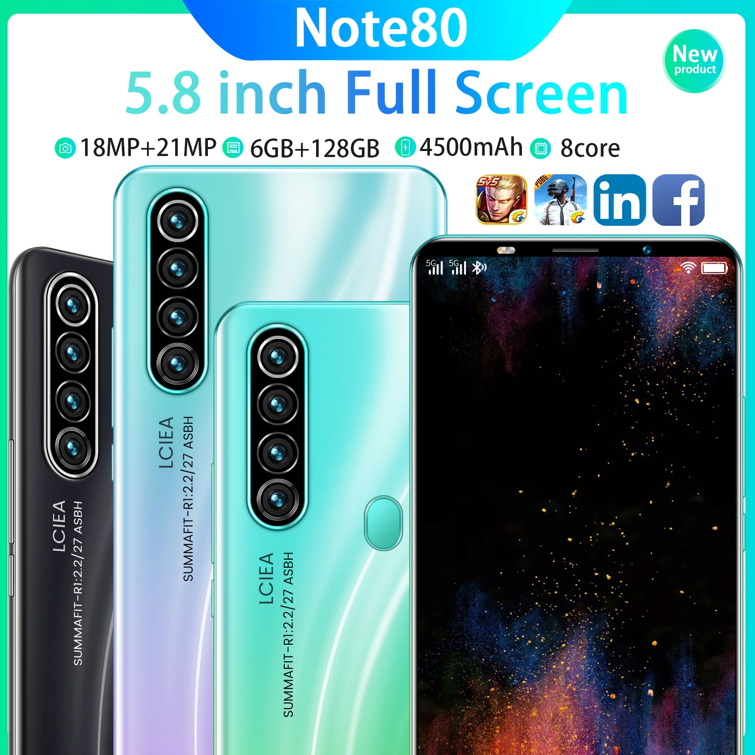 

2021Global Version Note80 5.8inch Full Screen Smartphone Android 10 CellPhone MTK6898 8core 4G/5G Daul SIM Featured Mobile Phone