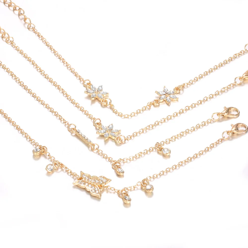 DIEZI 4pc/set Vintage Crystal Gold Chain Bracelet Sets Bracelets For Women Bohemian Statement Butterfly Flower Jewelry | Украшения и