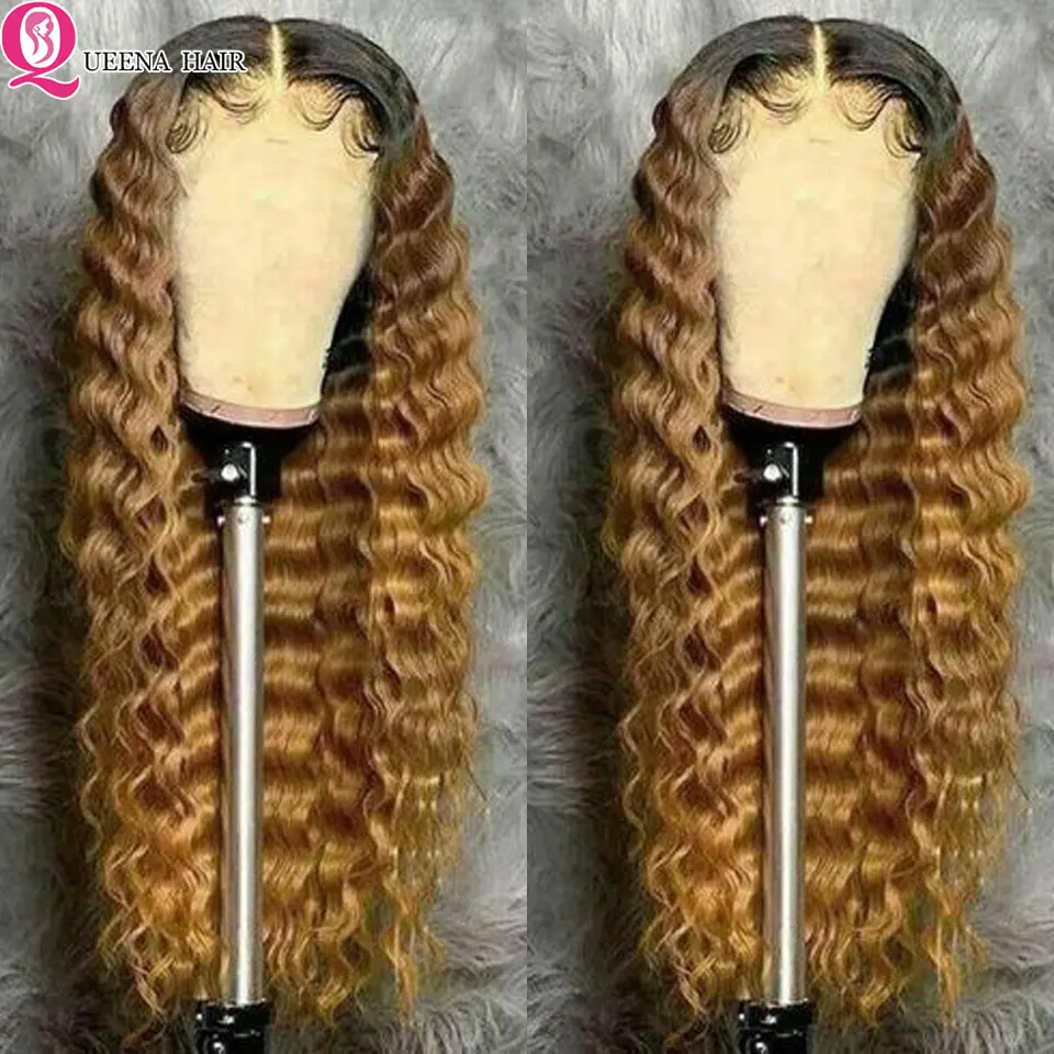 

Парик с глубокой волной, фронтальный парик с эффектом омбре, парик с глубокой волной 1B/27, парики из человеческих волос со светлыми и глубокой...