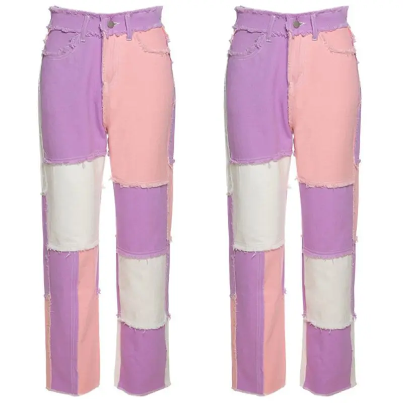 

Женские прямые брюки с высокой талией, Цветные Лоскутные Брюки F3MD