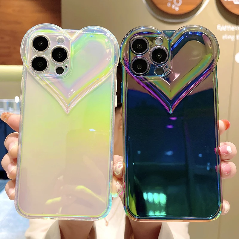 Яркий чехол для телефона INS Style Laser Love Heart iPhone 13 Pro Max 11 12 XR XS 7 8 Plus X корейские мягкие