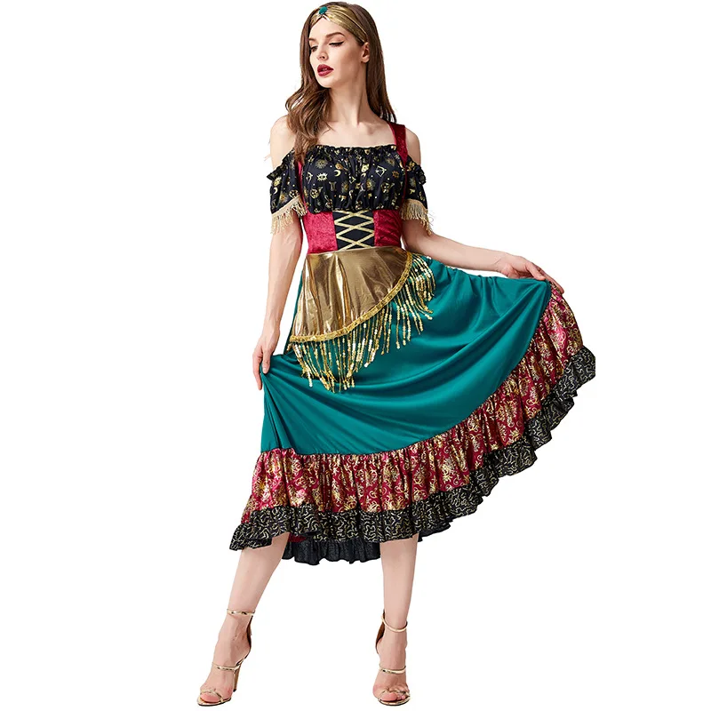 

Spain Clothes Lyrical Dance Costume Flamenco Classical Gypsy Golden Pattern Tail Costume Set Women for Performance