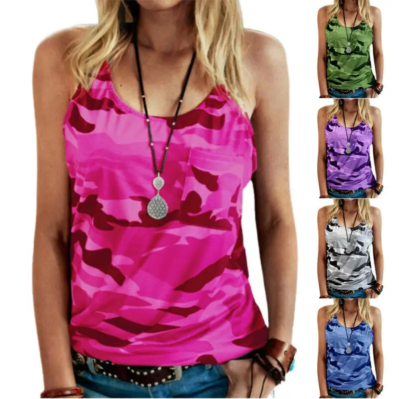 

Womens Camouflage Sleeveless T-Shirt Cami Summer Casual Tank Vest Tops Blouse