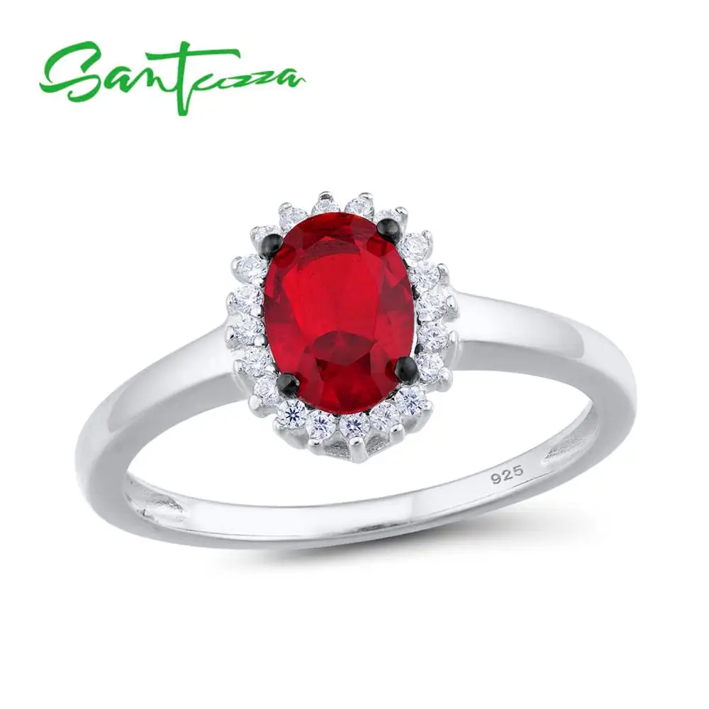 SANTUZZA Silver Rings For Women Pure 925 Sterling Silver Glamorous Red Oval Glass Ring Elegant Wedding Accessories Fine Jewelry