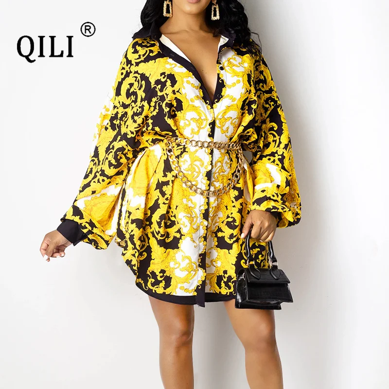 

QILI Autumn Shirt Dress for Women Full Sleeve Print Gold Chain Elegant Dresses Party Short Dress