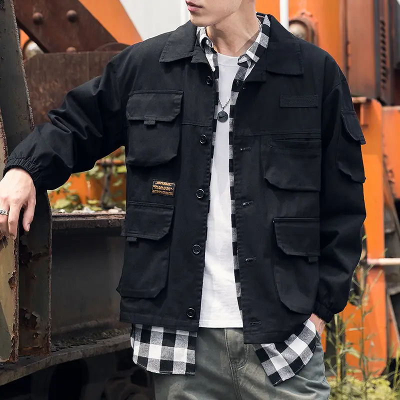 

Spring men plus fat plus size Korean version multi-pocket solid color popular logo cargo jacket loose fashion fat jacket