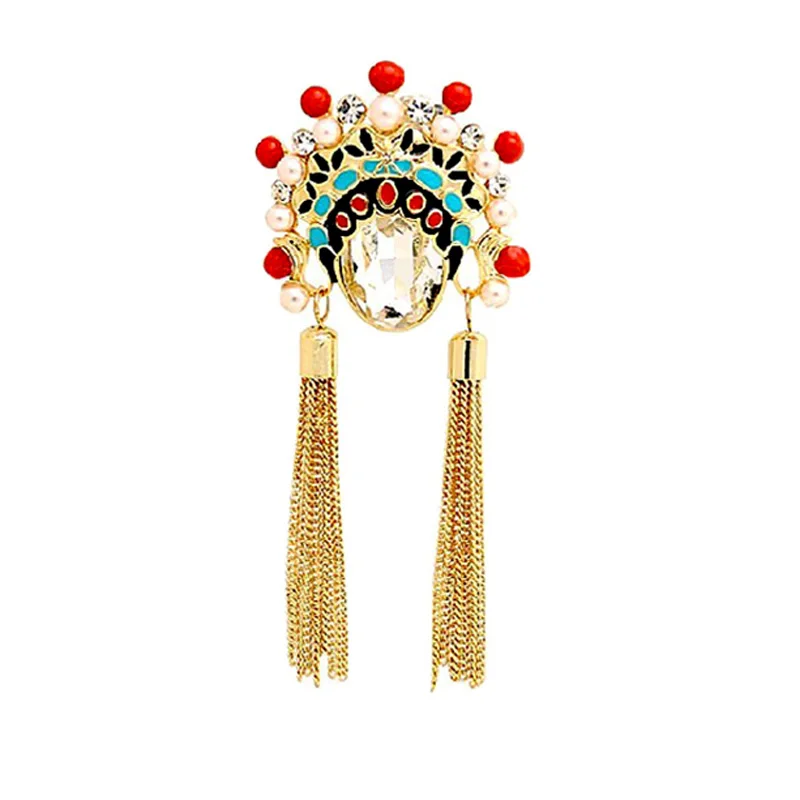 

Creative Enamel Peking Opera Mask Crown Brooches For Women Wedding Bouquet Luxury Crystal Faux Pearl Brooch Tassel Chain Jewelry