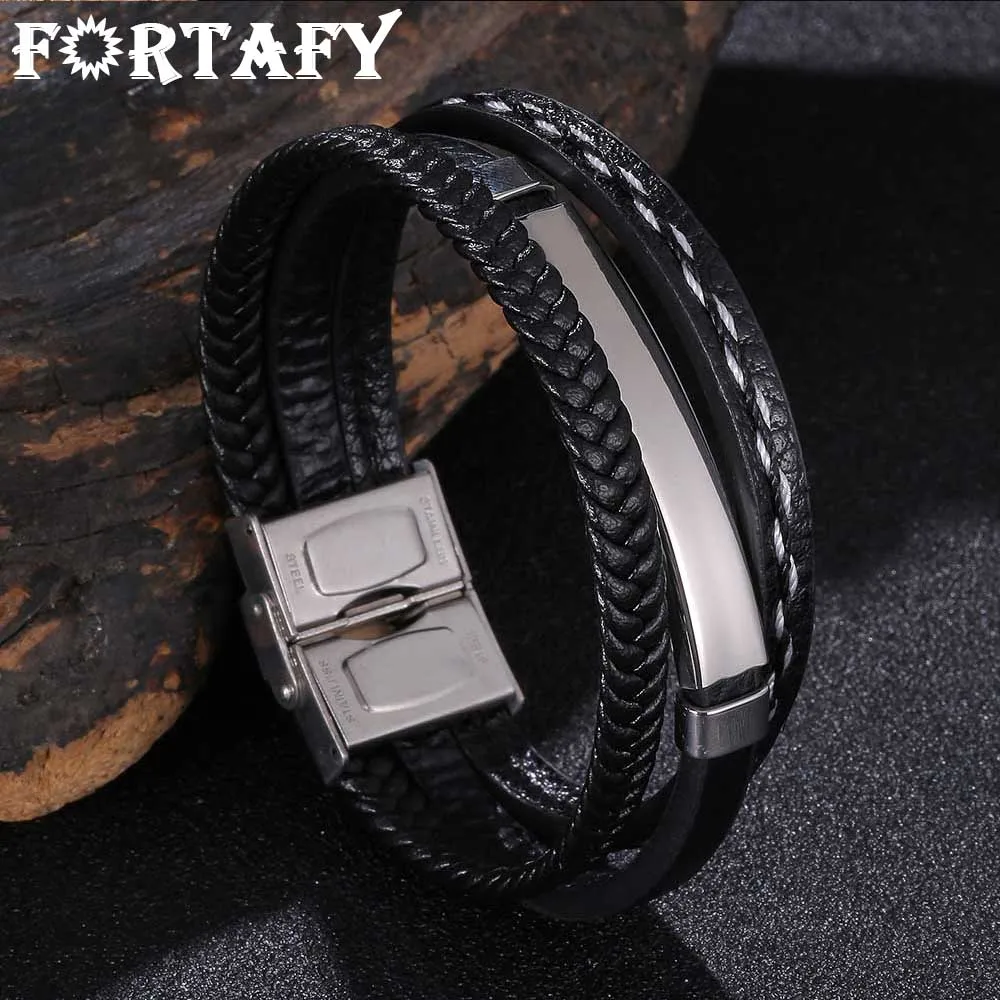 

FORTAFY Hand-woven Multilayer Combination Accessory Stainless Steel Men Leather Bracelet Fashion Male Jewelry Wholesale FR1138