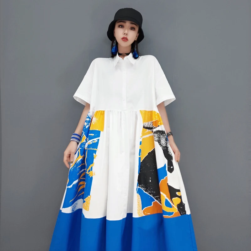 

SHENGPALAE Elegant Contrast Color Printed Shirt Derss Women's Summer 2021 New Lapel Loose Short Sleeve Mid-calf Dresses Female