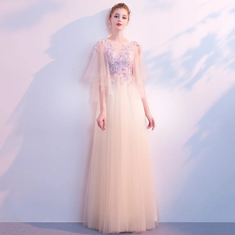 Mingli Tengda Champagne Lace Evening Dresses Half Sleeve Woman Candy Color Flower Long Wedding Party Dress Scoop Robe De Soiree | Свадьбы и