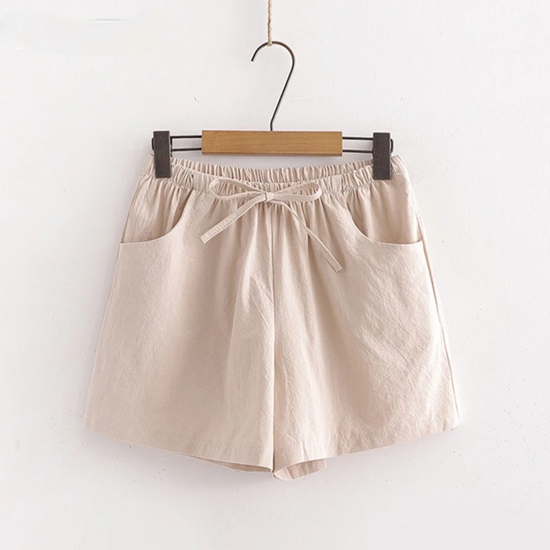 

Cotton Linen Women Shorts Summer Korean Casual Simple Solid High Waist Belt Shorts Female Short Pants Pocket