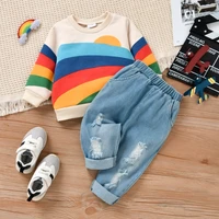 toddler baby clothes casual fall outfits long sleeve rainbow printed crew neck sweatshirt pulloversolid color ripped hole jeans