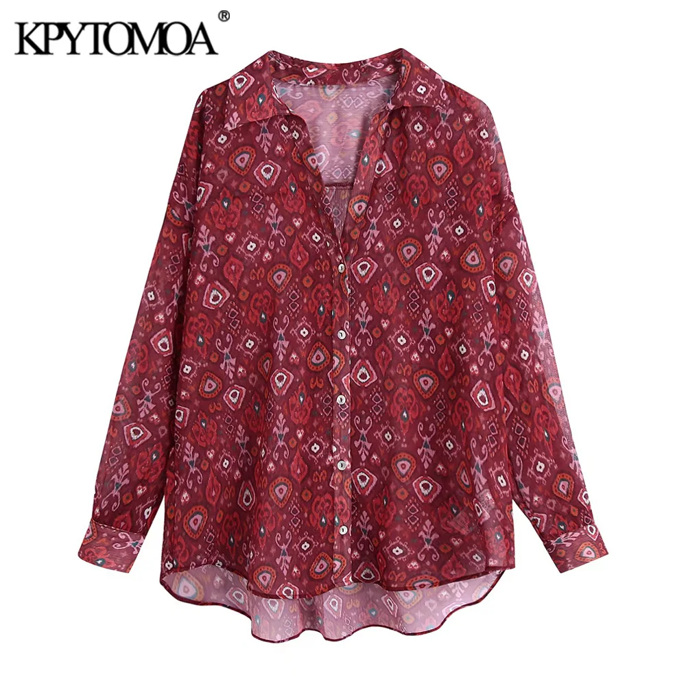 

KPYTOMOA Women 2021 Fashion Flowing Floral Print Loose Blouses Vintage Long Sleeve Button-up Female Shirts Blusas Chic Tops