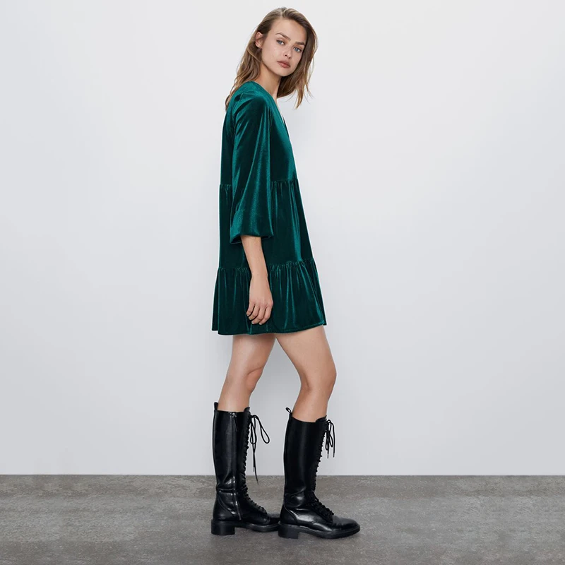 Женское бархатное платье рубашка ZA темно зеленое Свободное с v образным вырезом