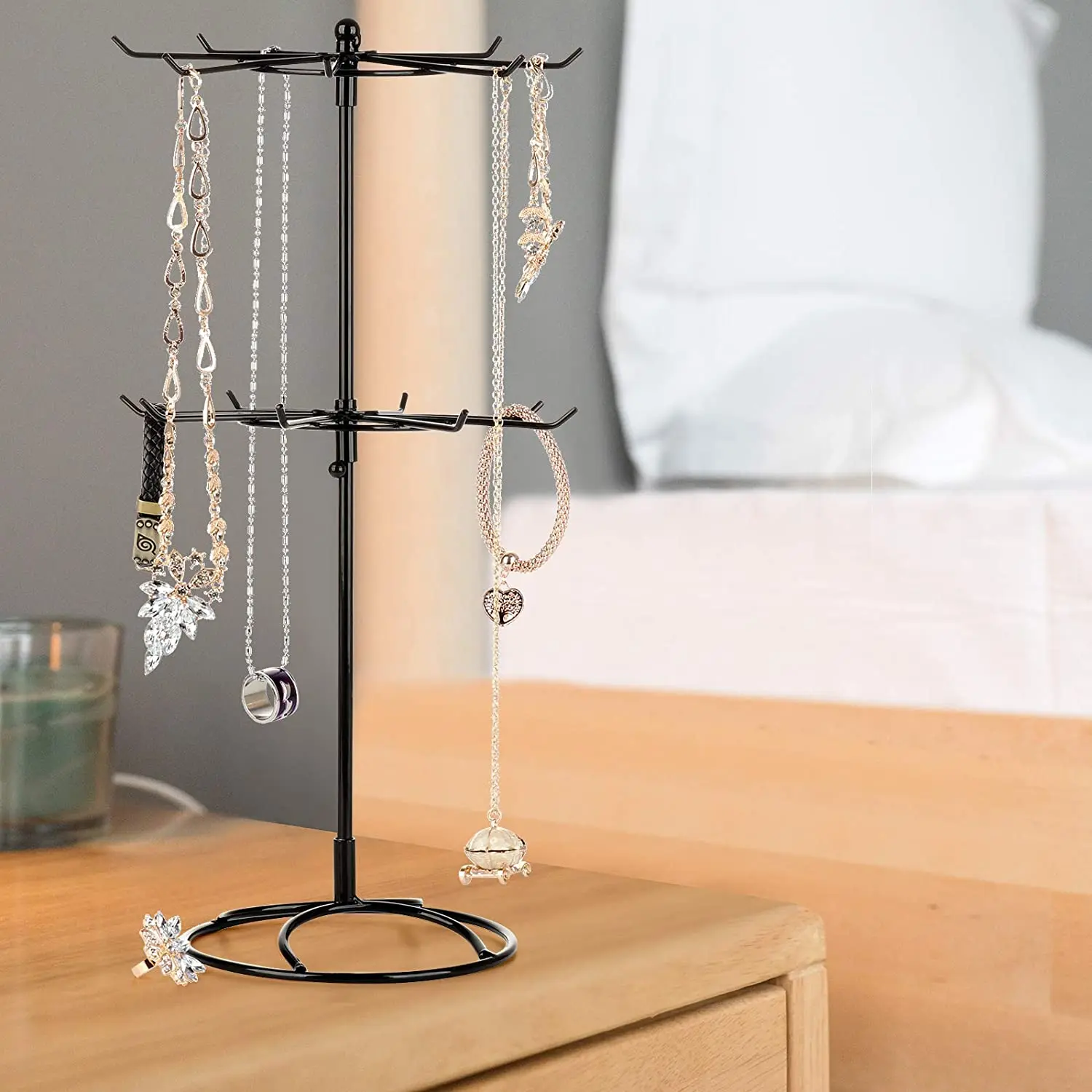 2 Tier Rotating Necklace Holder Jewelry Tree Bracelet Stand Display Organizer for Necklaces, Bracelets, Earrings, Rings