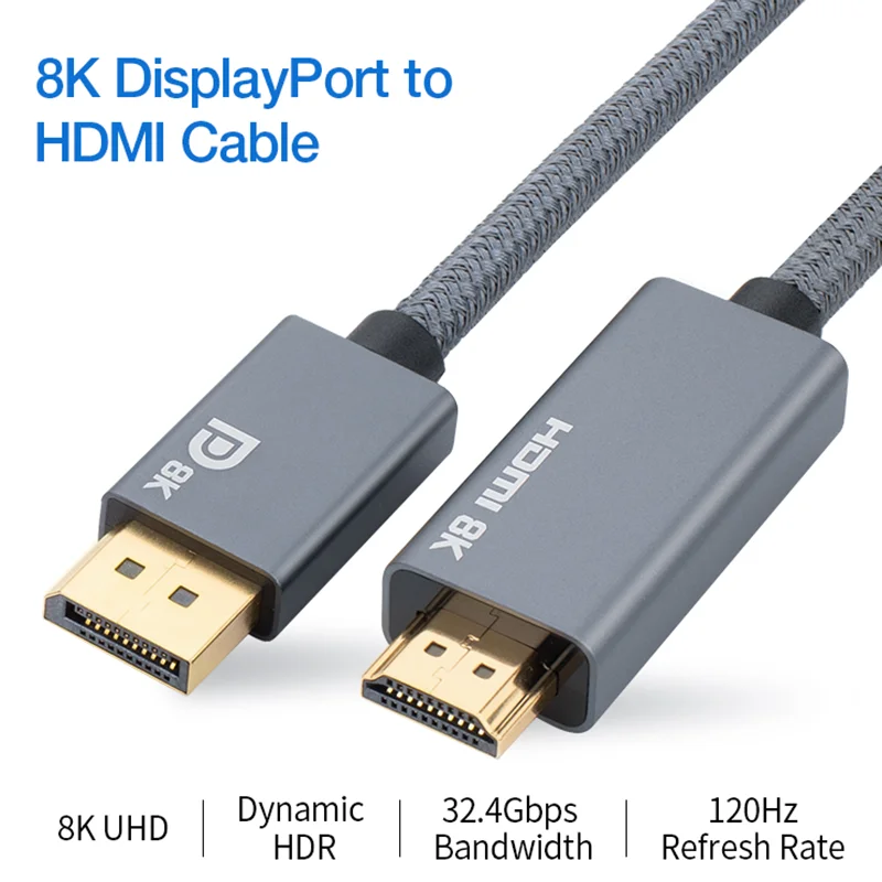 

8K@30Hz 4K@144Hz 4K@165Hz DisplayPort 1.4 to HDMI 2.1 Cable UniDirectional DP Male to Male HDMI 8K Cable