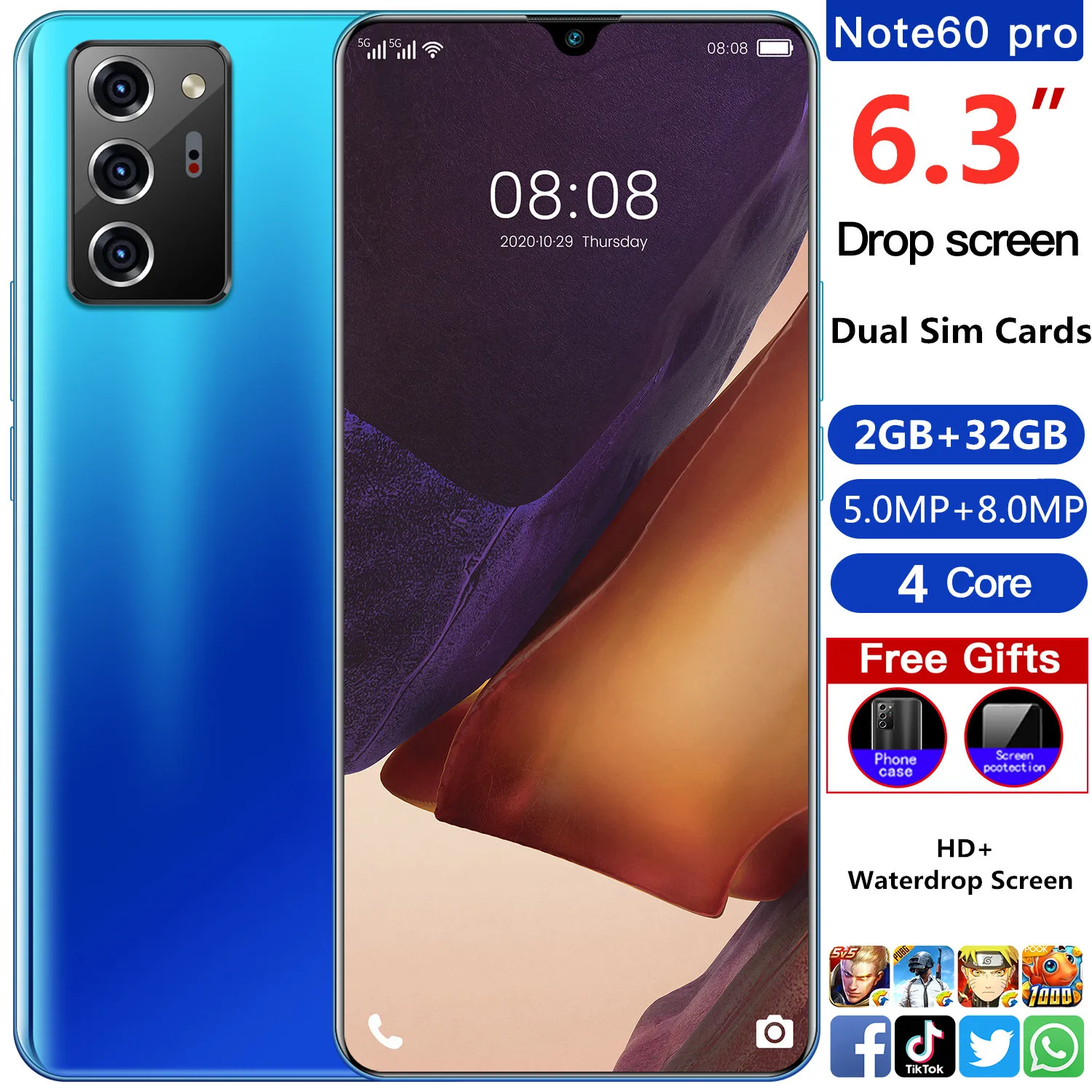 

Note 60 pro Cellphone 2GB+32GB Android OS 4800mAh Mobile Phone Global Version Smartphone 6.3inch Waterdrop Screen