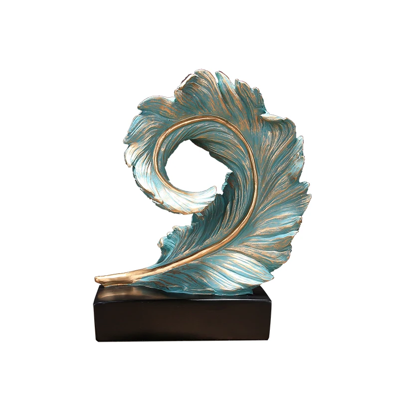 

MODERN LUXURY RESIN GOLD BLUE FEATHER FIGURINES DECORATION CRAFTS HOTEL HOME LIVINGROOM DESK LEAF SHAPE STATUE ACCESSORIES DECOR