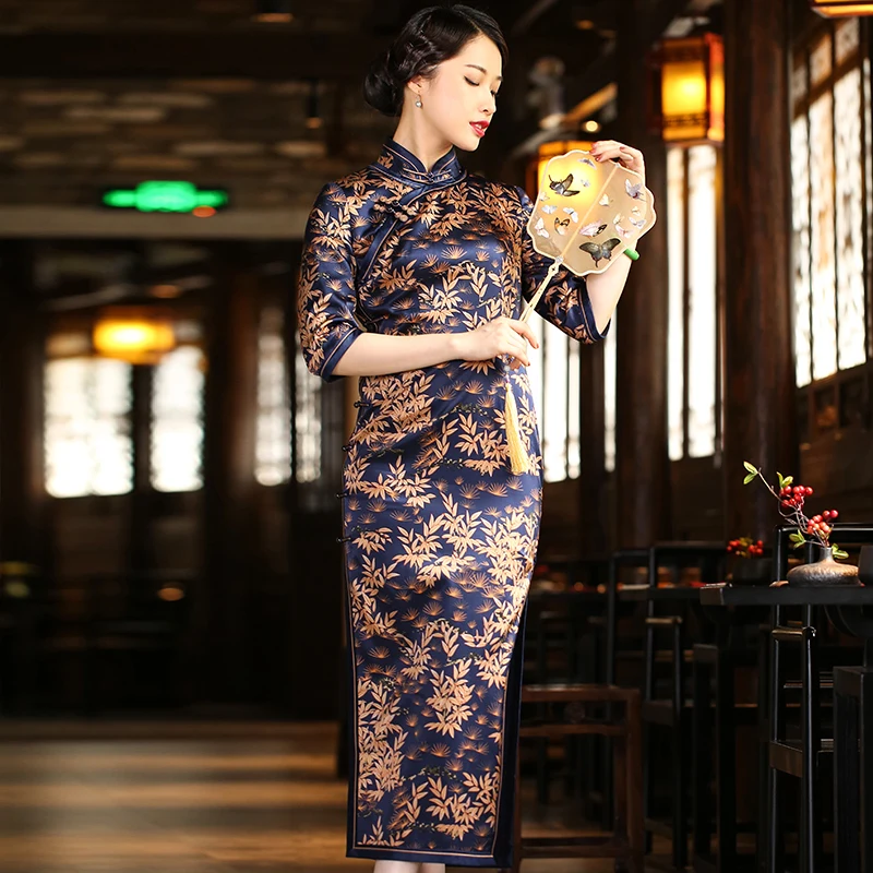 

ancient ways of new fund of 2020 autumn winters is the printed pure silk sleeve long dress female Chinese qipao dress