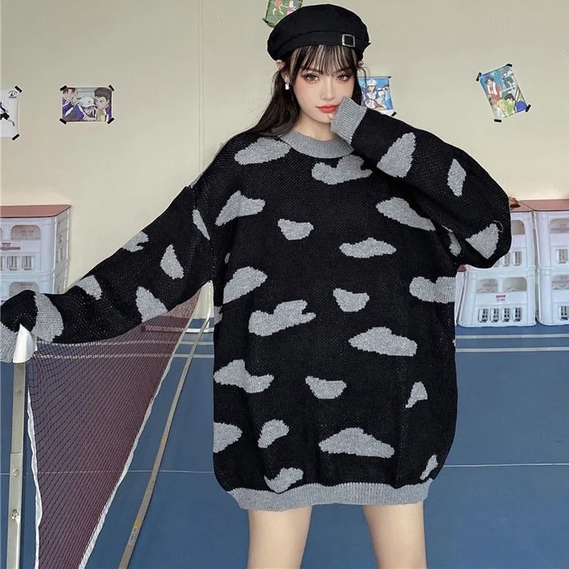 Autumn Winter Kawaii Sweater Fashion Korean Clouds Print Casual Women Loose Long Sleeve Pullover | Женская одежда
