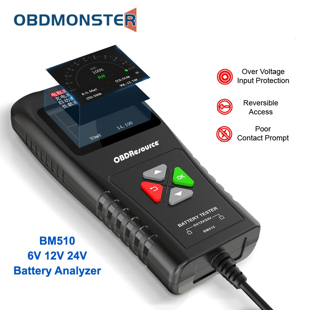 Battery Analyzer 6V 12V 24V BM510 for Lawn Mower Truck Motorcycle Electric Car Internal Resistance Tester Life Voltage Detector