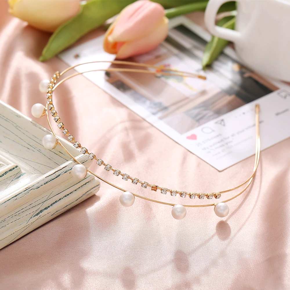 Ободок для волос Женский тонкий металлический с жемчугом и кристаллами |