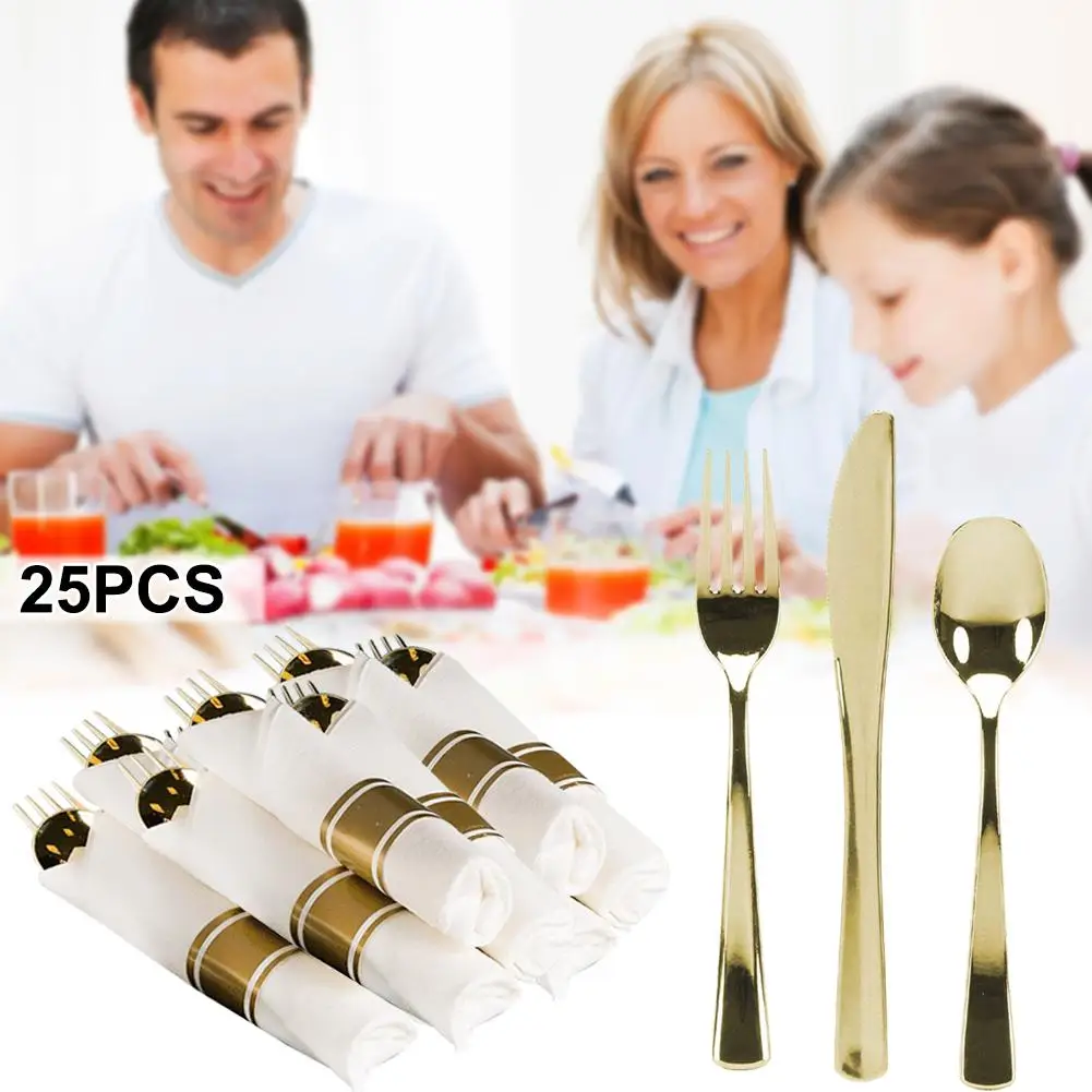 

25 Knives+25 Soons+25 Forks+25Napkin Disposable Party Cutlery Tableware Plastic Rose Gold/Silver Wedding Birthday Dinnerware Set